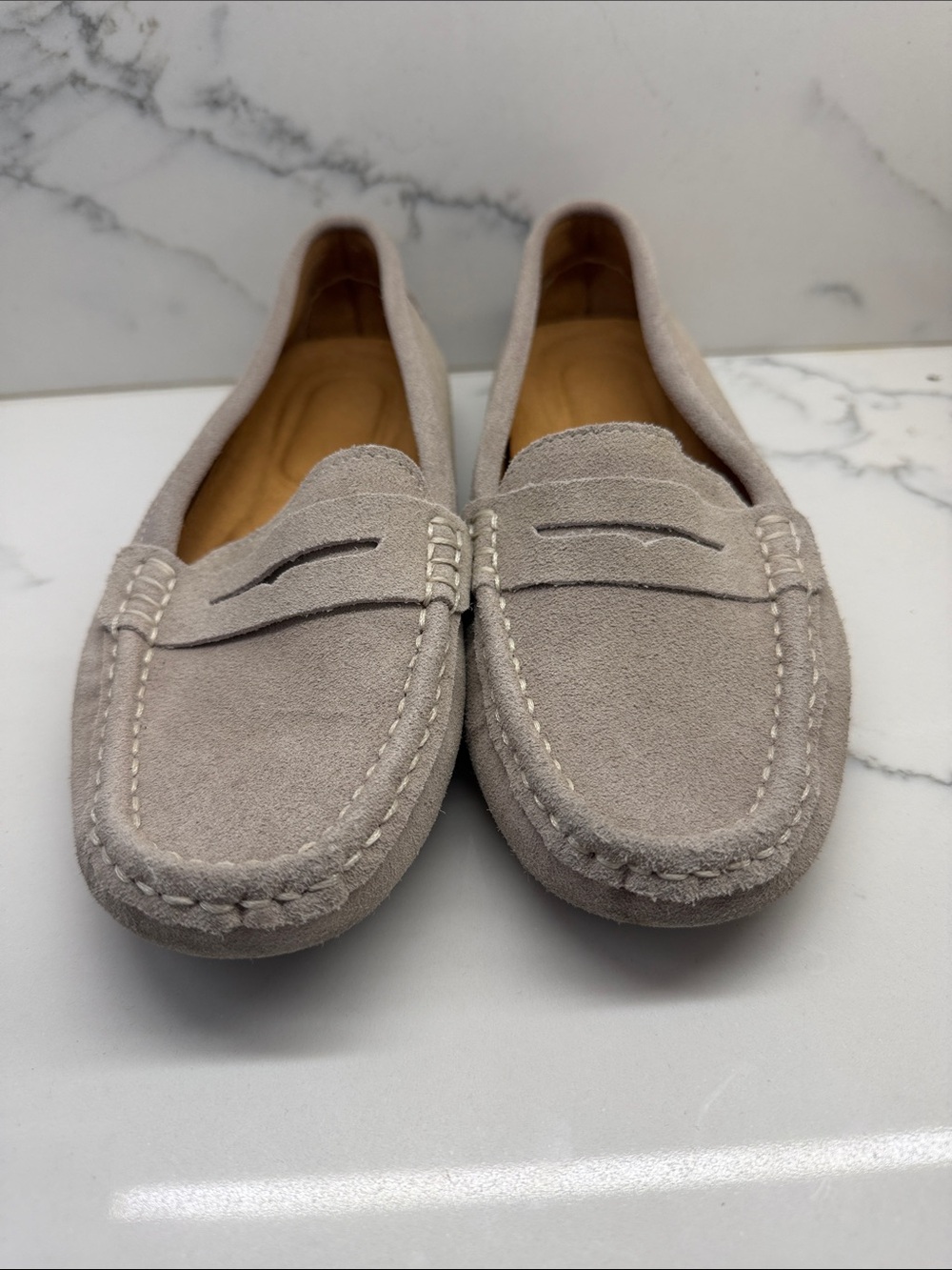 Women's Suede Penny Loafers in Light Taupe